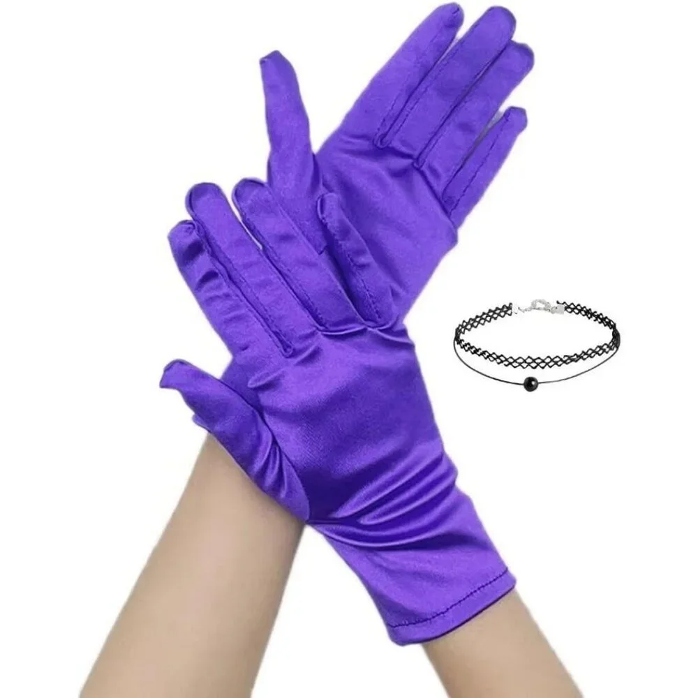Women's Evening Purple Short Satin Lace Gloves Gothic Choker Necklace design